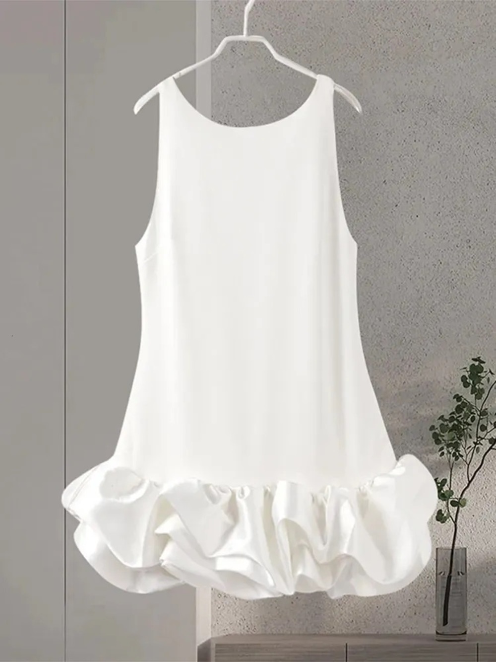 White Ruffle Hem Sleeveless Mini Dress